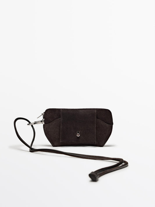 Split leather crossbody glasses case with purse