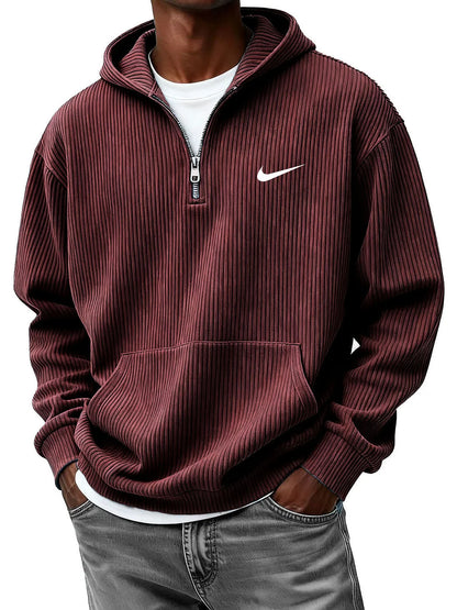 Men's Casual Fashion Corduroy Half-Zip Hooded Sweatshirt