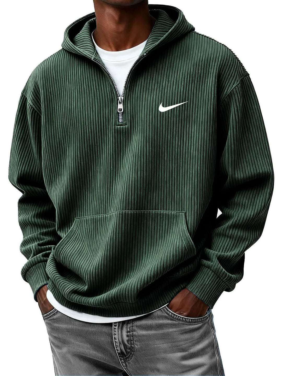 Men's Casual Fashion Corduroy Half-Zip Hooded Sweatshirt