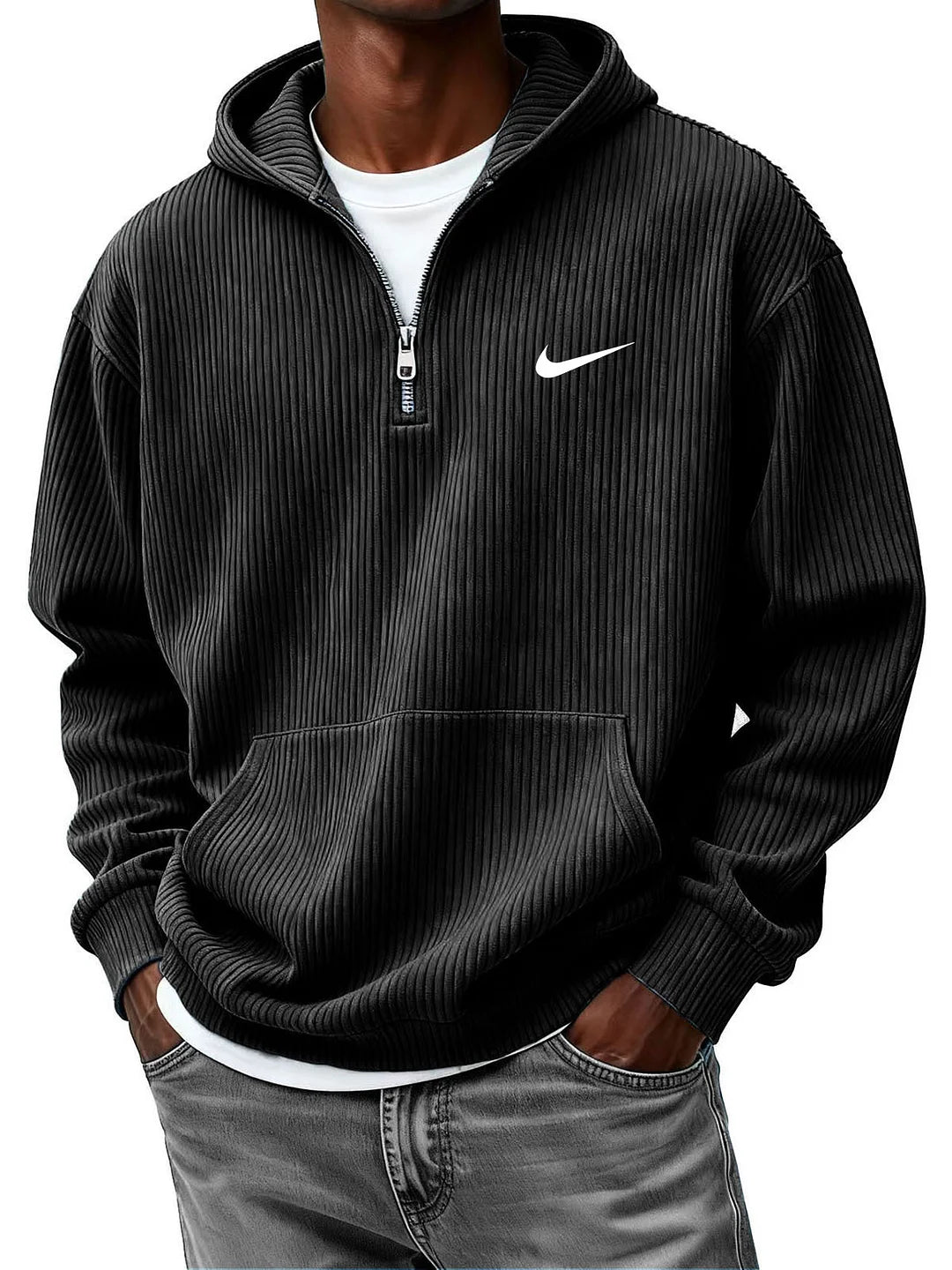 Men's Casual Fashion Corduroy Half-Zip Hooded Sweatshirt