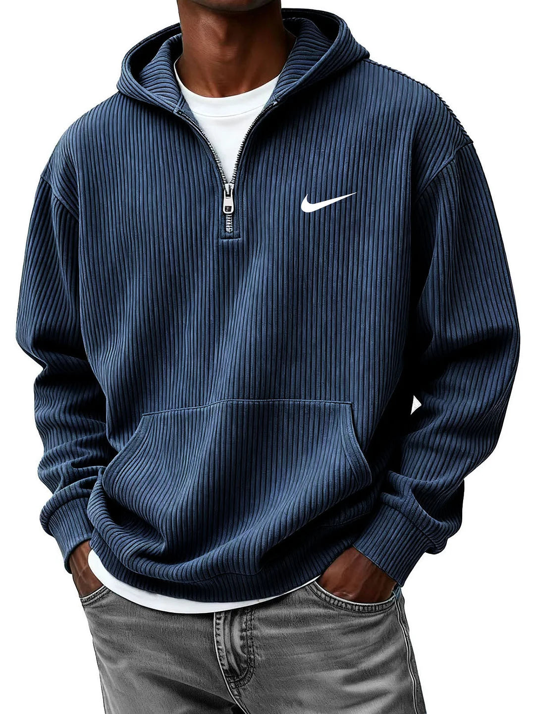 Men's Casual Fashion Corduroy Half-Zip Hooded Sweatshirt