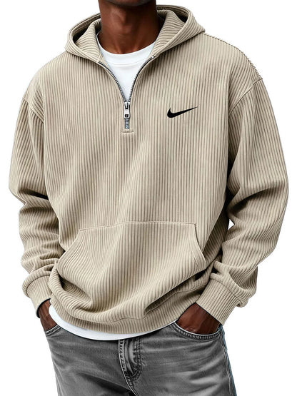 Men's Casual Fashion Corduroy Half-Zip Hooded Sweatshirt